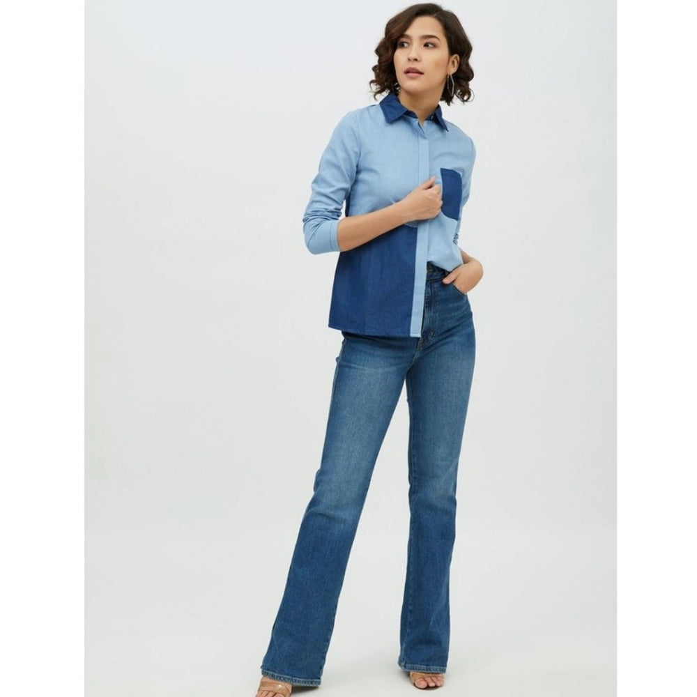 Indoraa Women's Denim Patch Work Long Sleeves Standard Length Shirt (Blue)