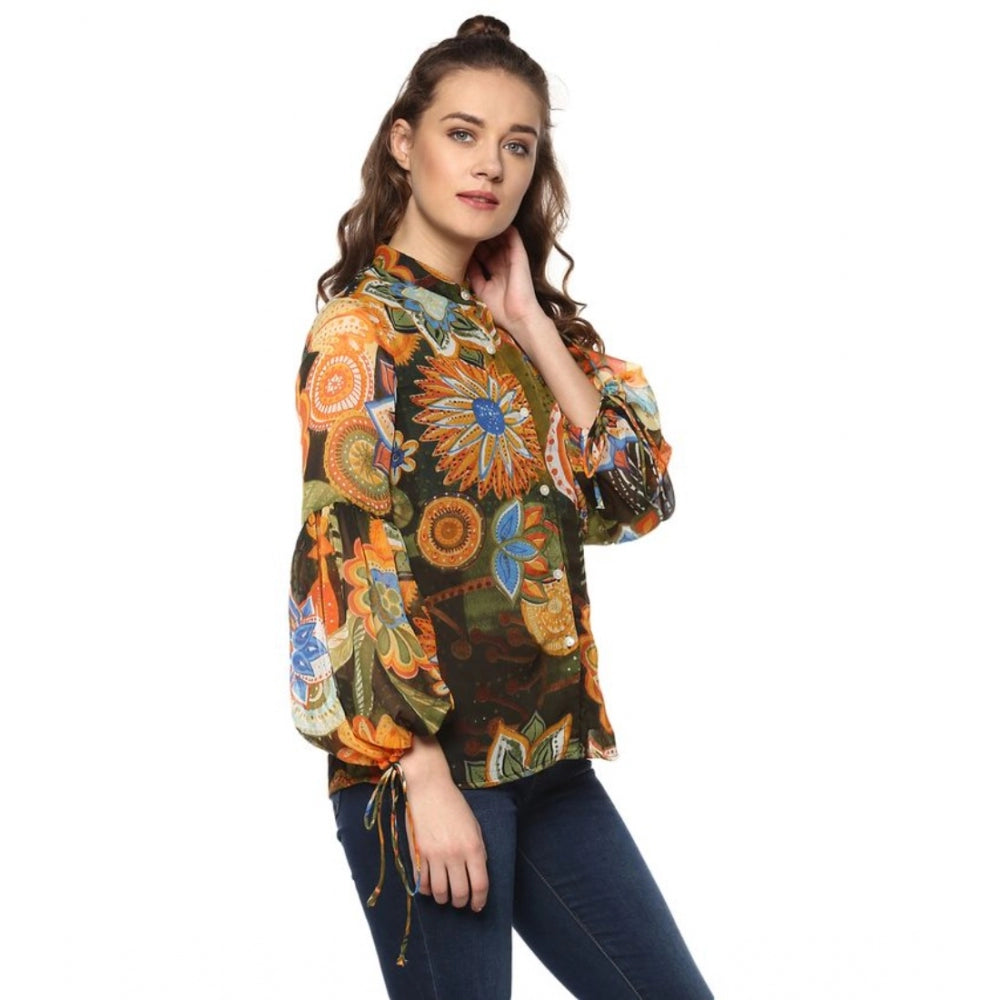 Indoraa Women's Polyester Floral Balloon Sleeve Top (Mustard - Olive)