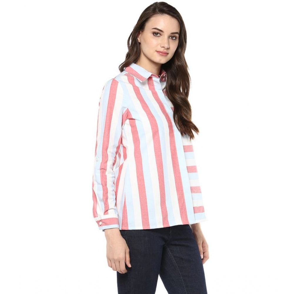 Indoraa Women's Cotton Striped Roll Up Sleeve Regular Top (Red)