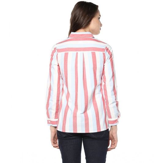 Indoraa Women's Cotton Striped Roll Up Sleeve Regular Top (Red)