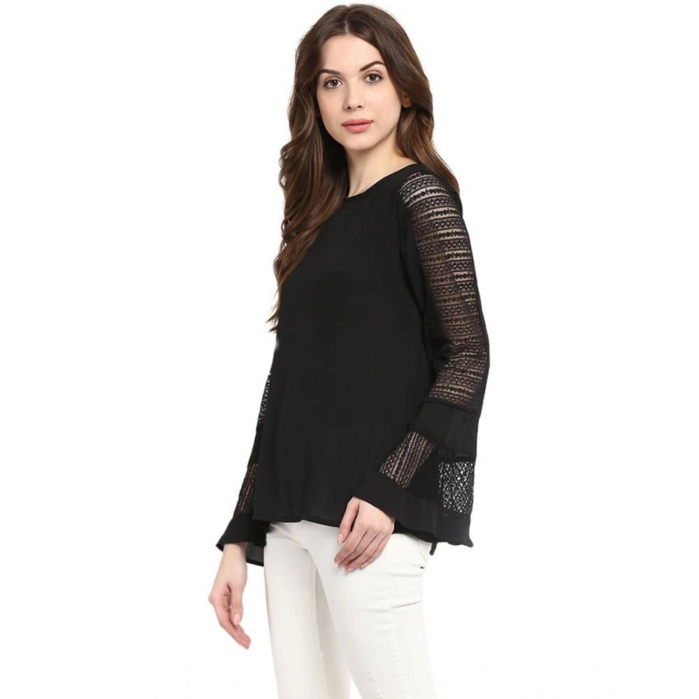 Indoraa Women's Polyester Georgette Self Design Bell Sleeve Regular Top (Black)