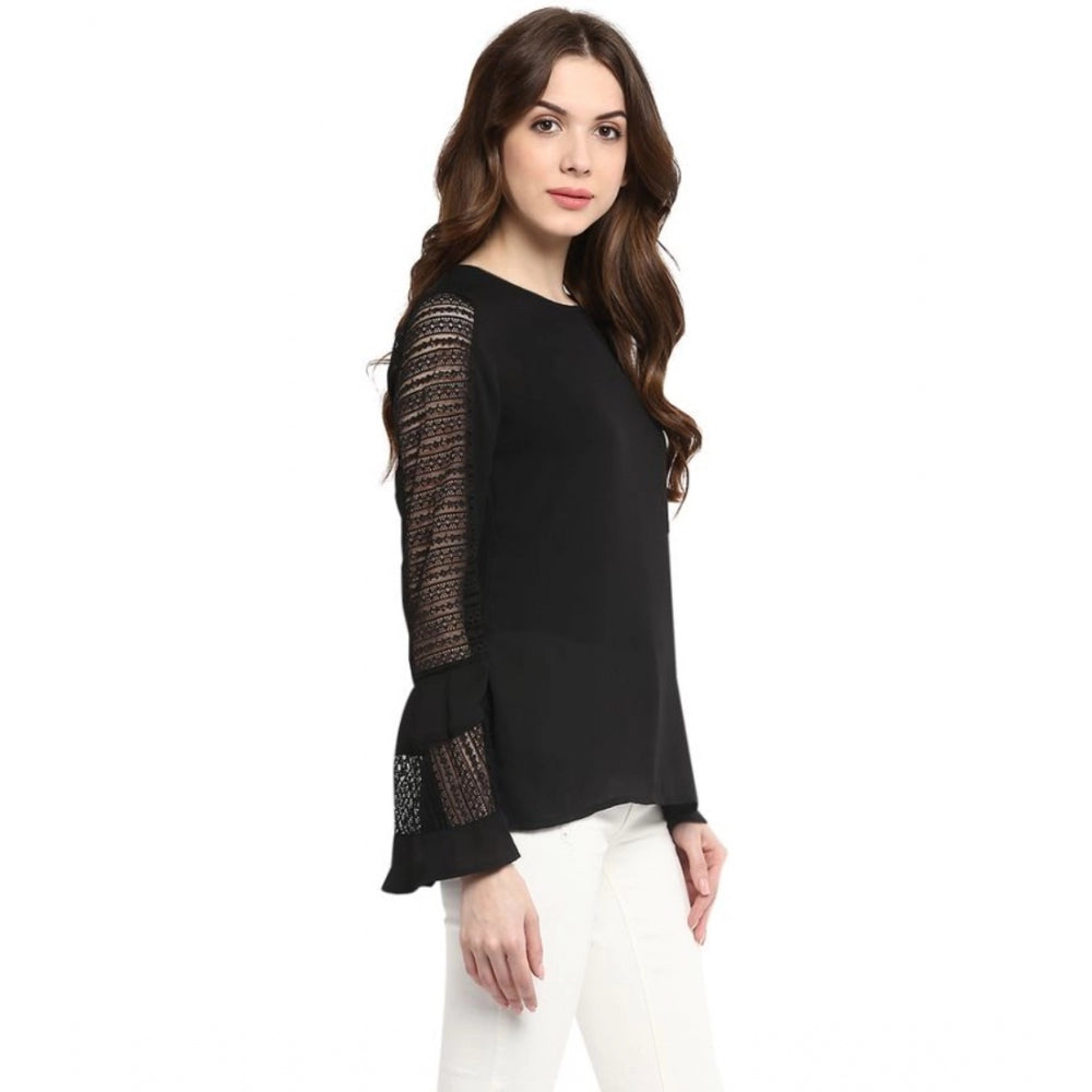Indoraa Women's Polyester Georgette Self Design Bell Sleeve Regular Top (Black)