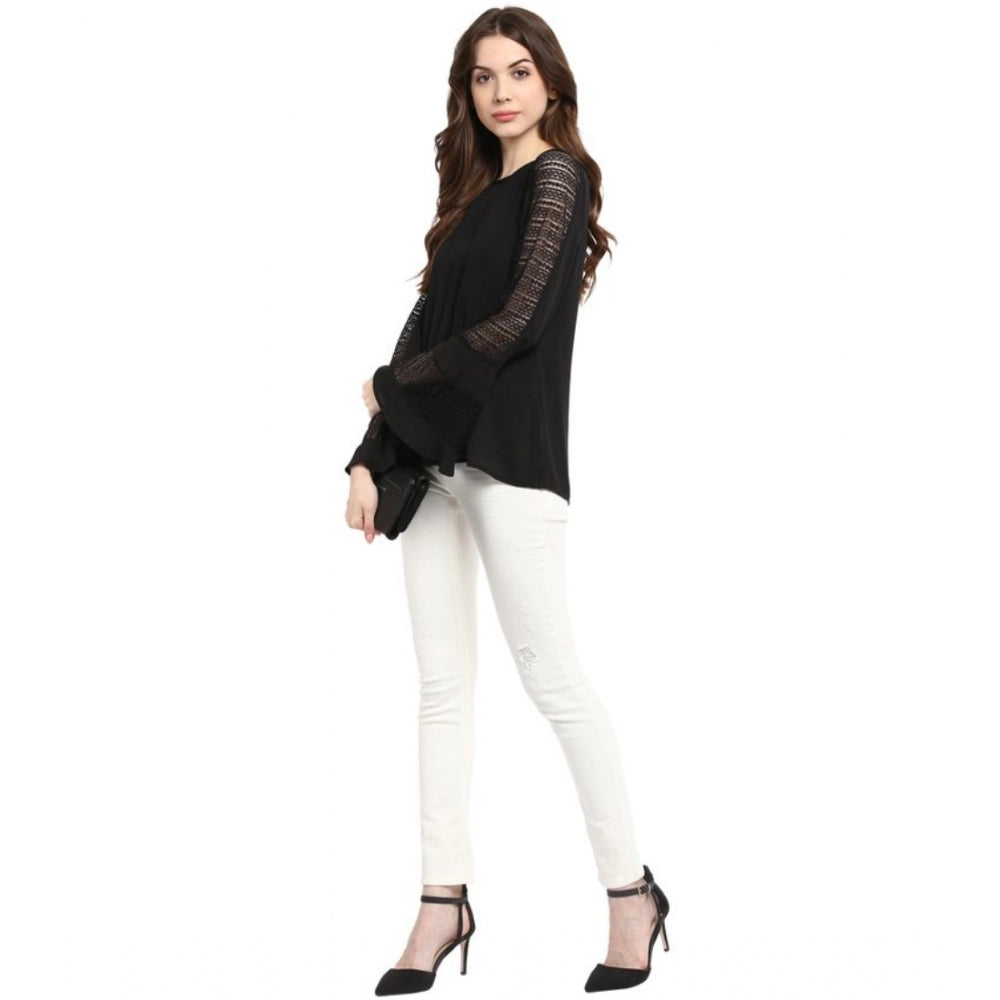 Indoraa Women's Polyester Georgette Self Design Bell Sleeve Regular Top (Black)