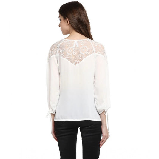 Indoraa Women's Polyester Georgette Self Design 3-4th Sleeves Regular Top (White)