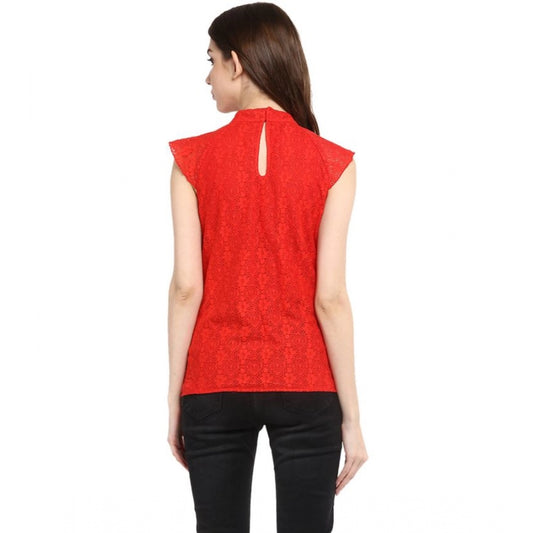 Indoraa Women's Cotton Lace Embellished Cap Sleeve Regular Top (Red)