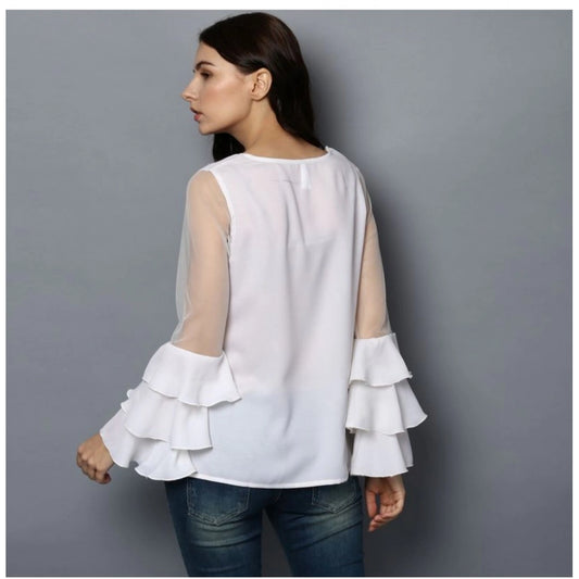 Indoraa Women's Polyester Solid Tier Sleeve Top (White)