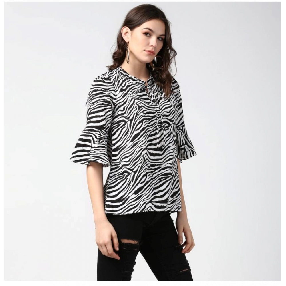 Indoraa Women's Polyester Animal Print Bell Sleeve Top (Black - White)