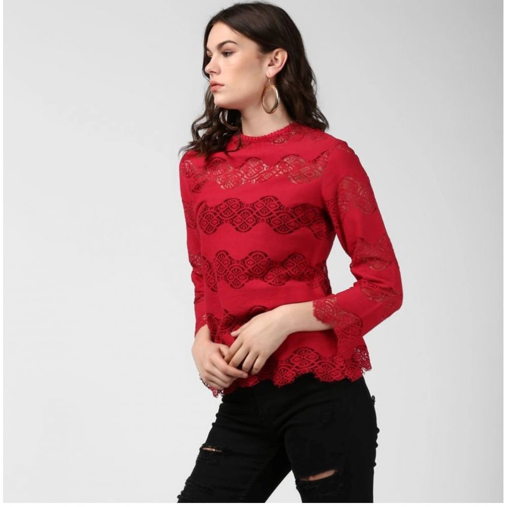 Indoraa Women's Cotton Self Design Long Sleeves Top (Maroon)