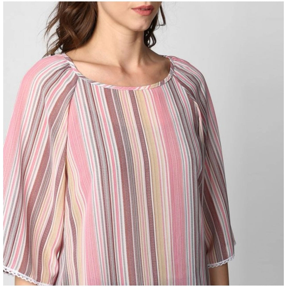 Indoraa Women's Polyester Striped 3-4th Sleeves Top (Pink)