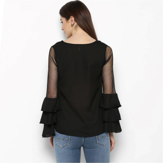 Indoraa Women's Polyester Solid Tier Sleeve Top (Black)