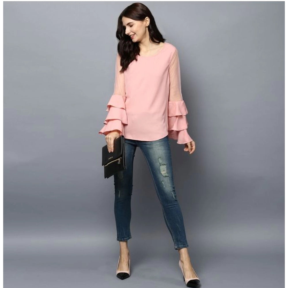 Indoraa Women's Polyester Solid Tier Sleeve Top (Pink)