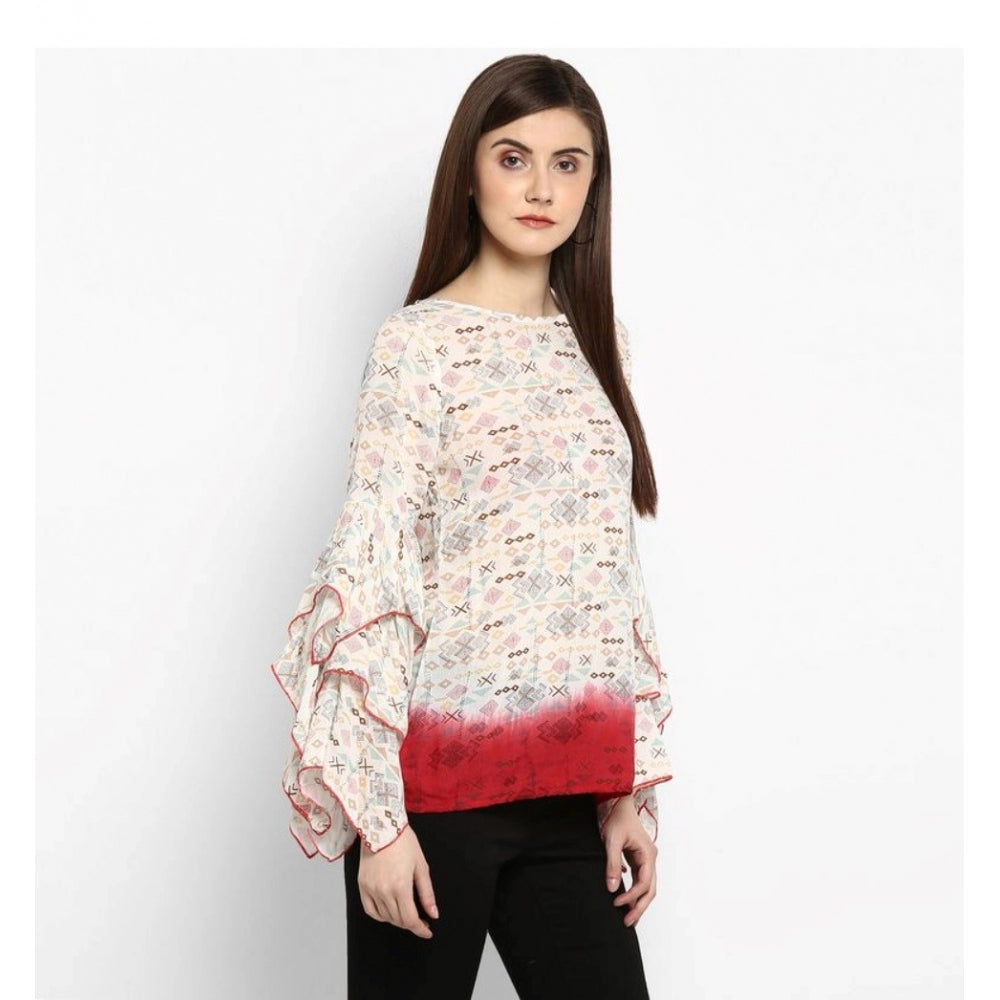 Indoraa Women's Rayon Crepe Printed Ruffle Sleeve Top (Off White - Red)