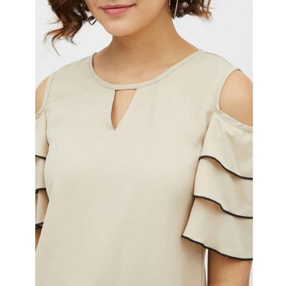 Indoraa Women's Polyester Tiered Cold Shoulder Top (Beige)