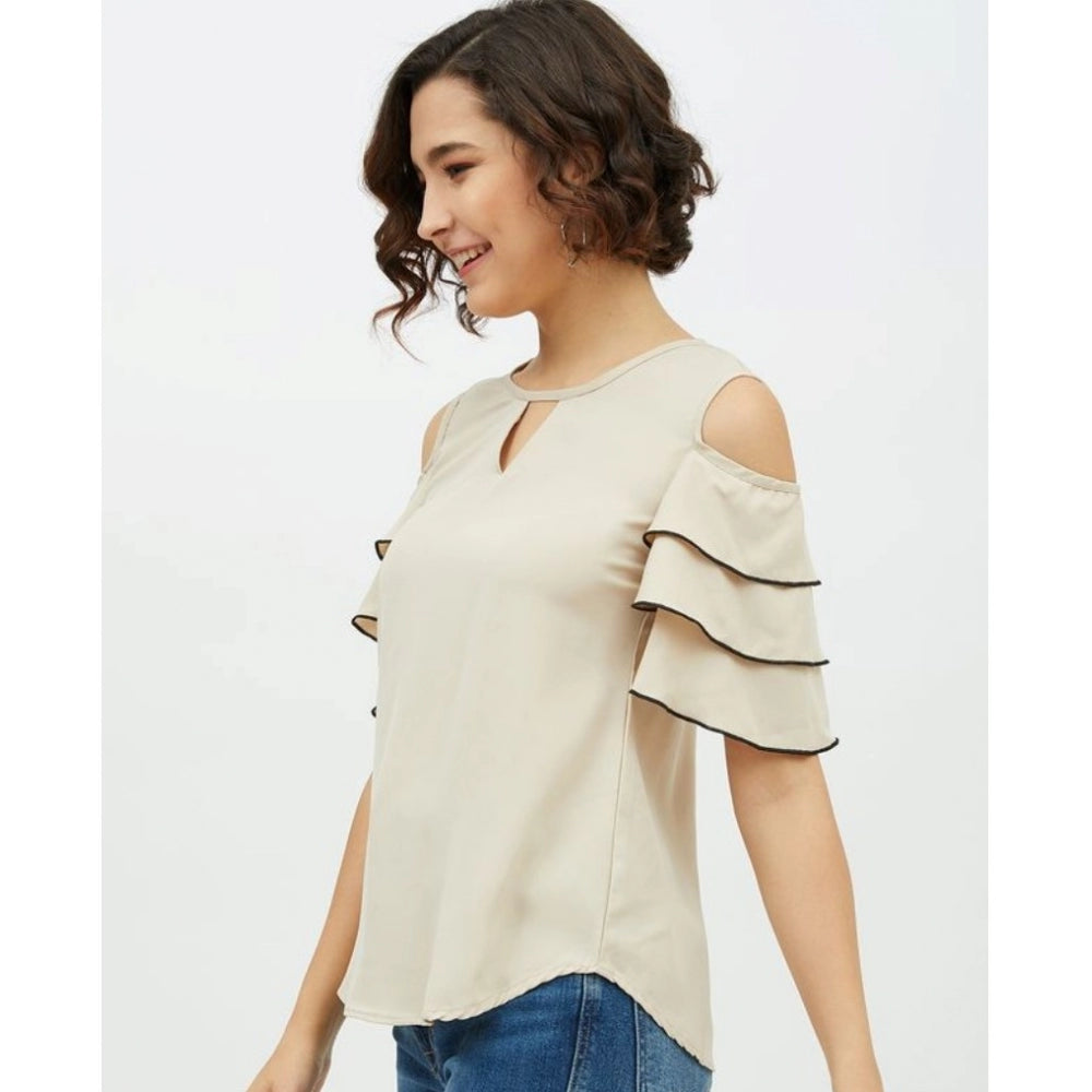 Indoraa Women's Polyester Tiered Cold Shoulder Top (Beige)
