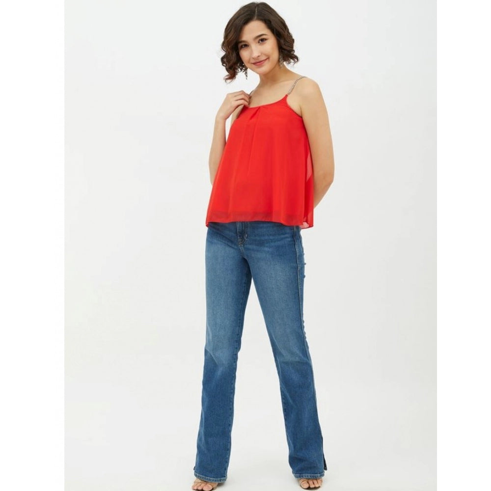 Indoraa Women's Polyester Embellished Shoulder Straps Top (Red)