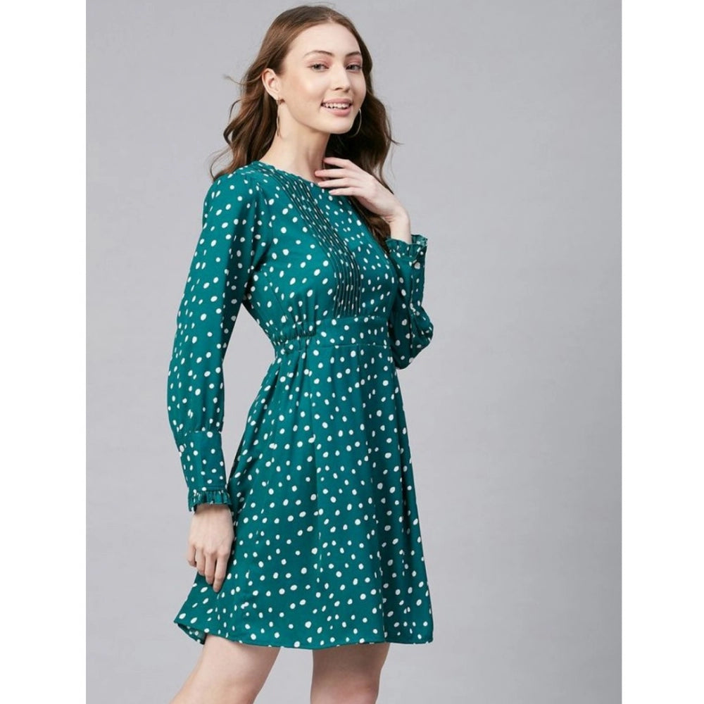 Indoraa Women's Polyester Polka Long Sleeves Above Knee Dress (Green - White)