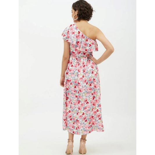 Indoraa Women's Polyester Floral One Shoulder Calf-length Dress (Multicolor)