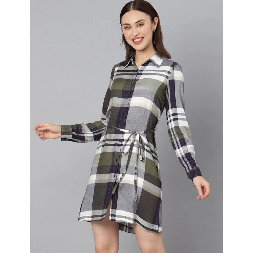 Indoraa Women's Cotton Checkered Long Sleeves Above Knee Dress (Olive - White)