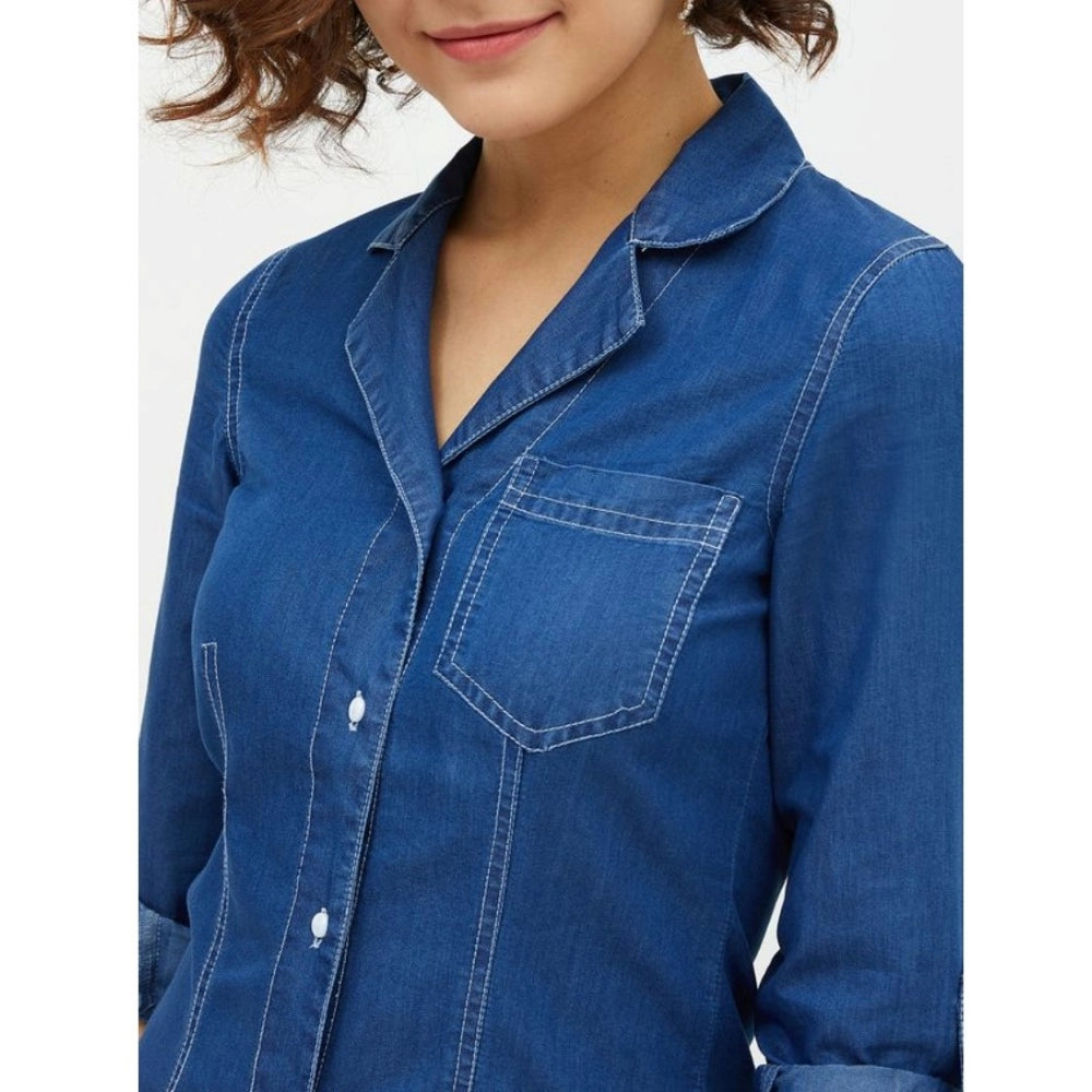 Indoraa Women's Denim Solid Long Sleeves Above Knee Dress (Blue)