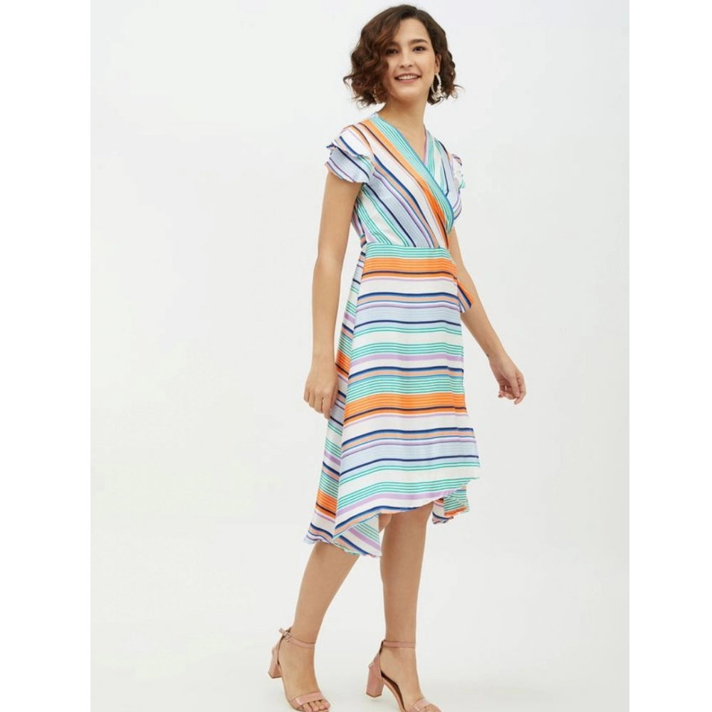 Indoraa Women's Satin Striped Short Sleeve Knee-Length Dress (Multicolor)
