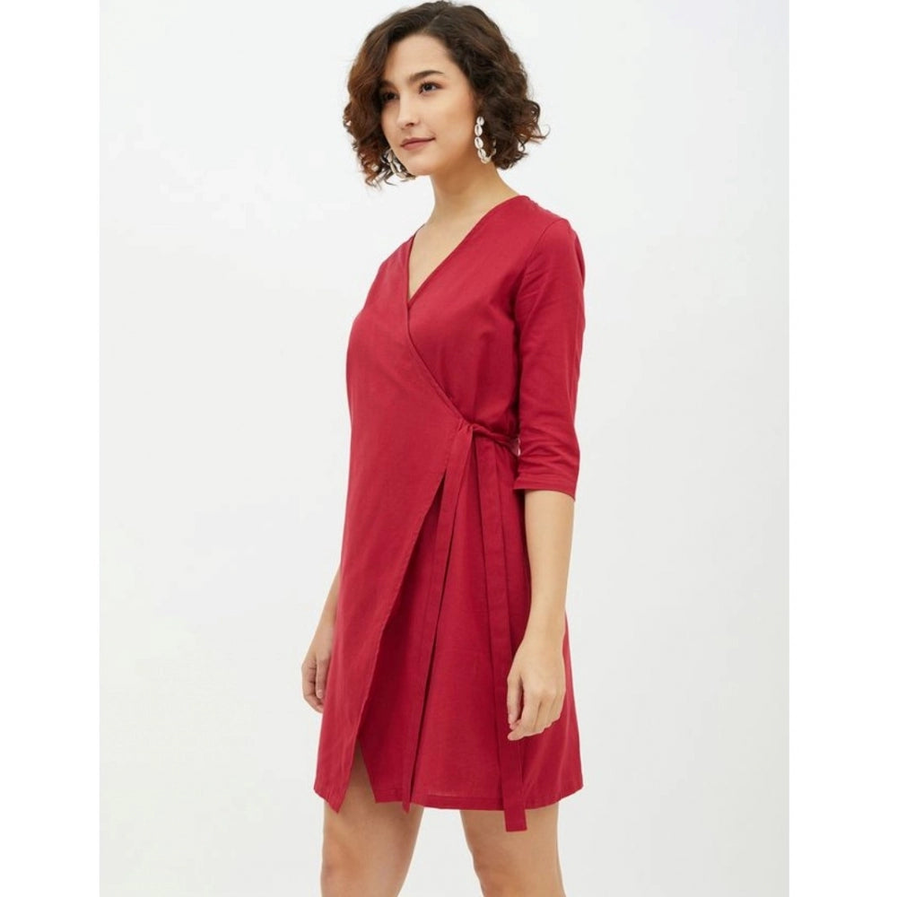 Indoraa Women's Cotton Wrap 3-4th Sleeves Above Knee Dress (Maroon)