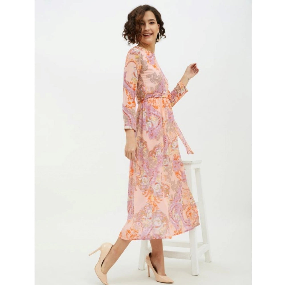 Indoraa Women's Polyester Printed Long Sleeves Calf-length Dress (Multicolor)