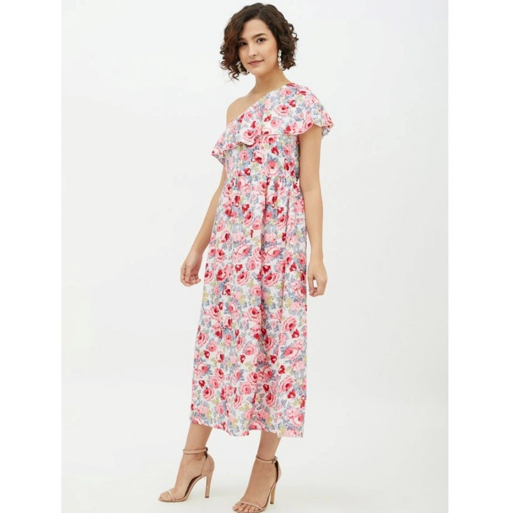 Indoraa Women's Polyester Floral One Shoulder Calf-length Dress (Multicolor)