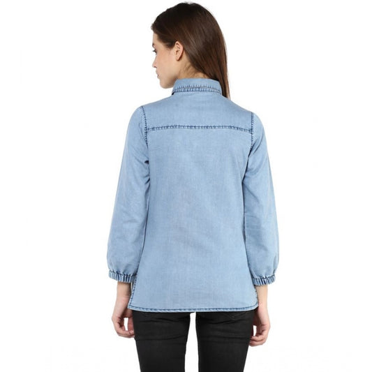 Indoraa Women's Denim Solid 3-4th Sleeves Standard Length Shirt (Blue)
