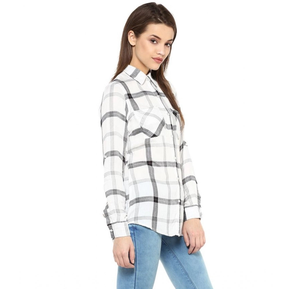Indoraa Women's Rayon Checkered Long Sleeves Standard Length Shirt (Black - White)