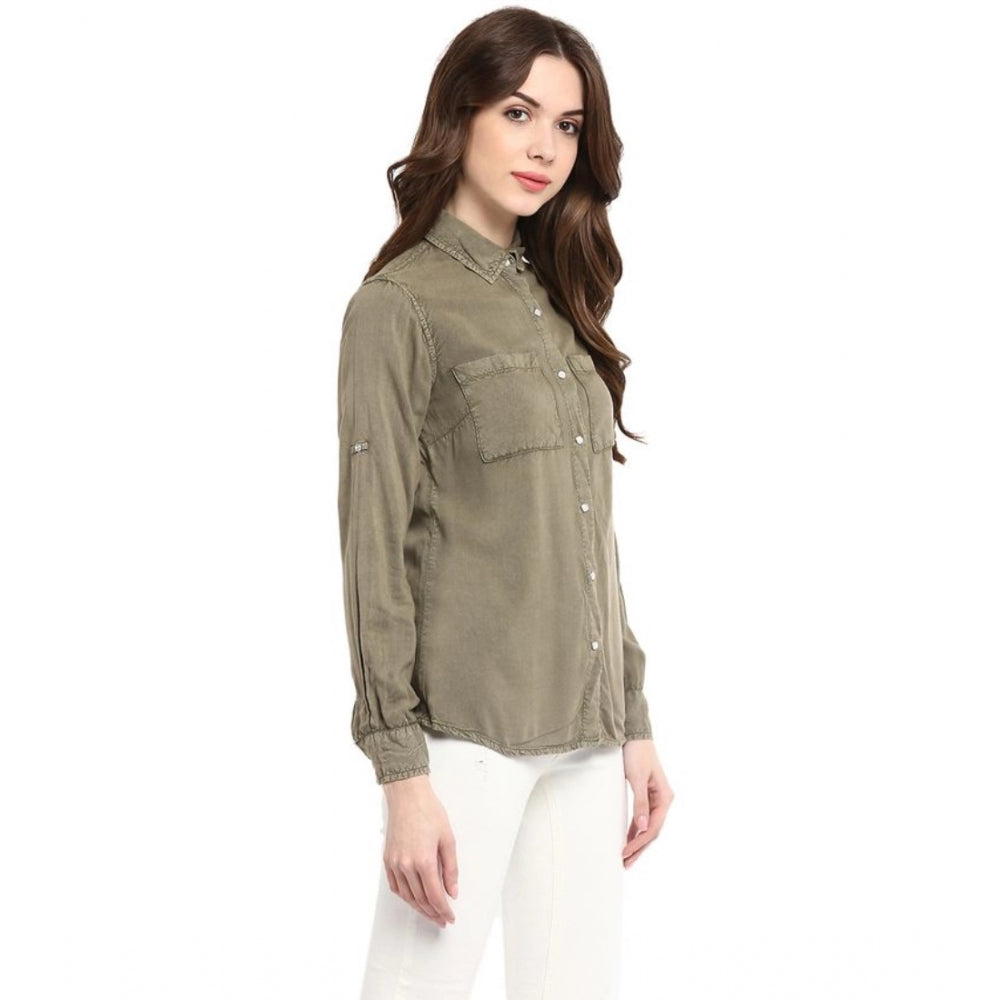 Indoraa Women's Rayon Solid Long Sleeves Standard Length Shirt (Olive Green)