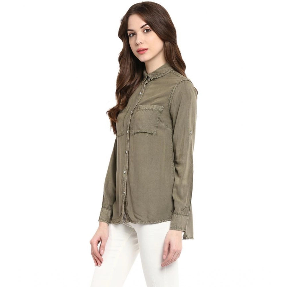 Indoraa Women's Rayon Solid Long Sleeves Standard Length Shirt (Olive Green)