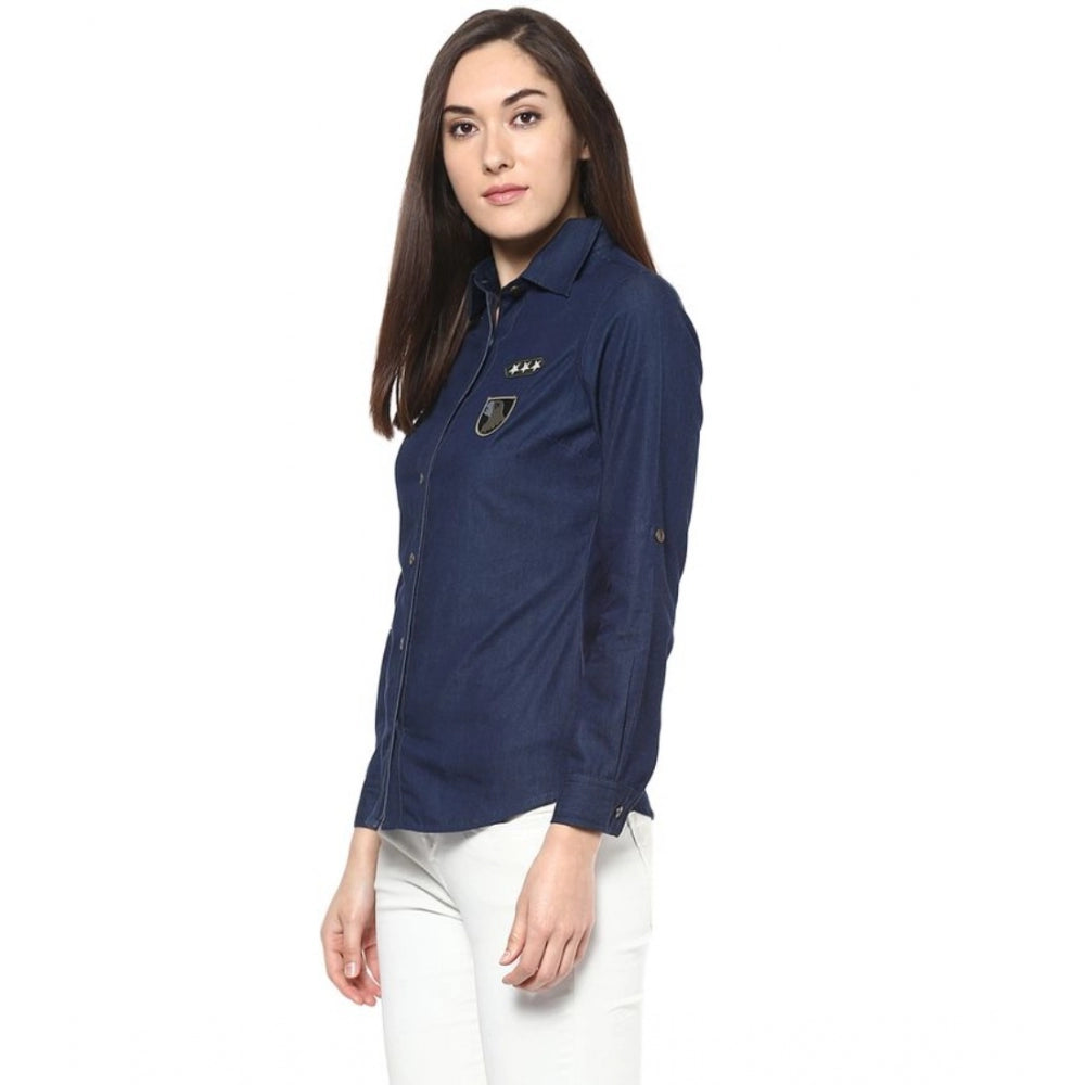 Indoraa Women's Denim Patch Work Long Sleeves Standard Length Shirt (Blue)