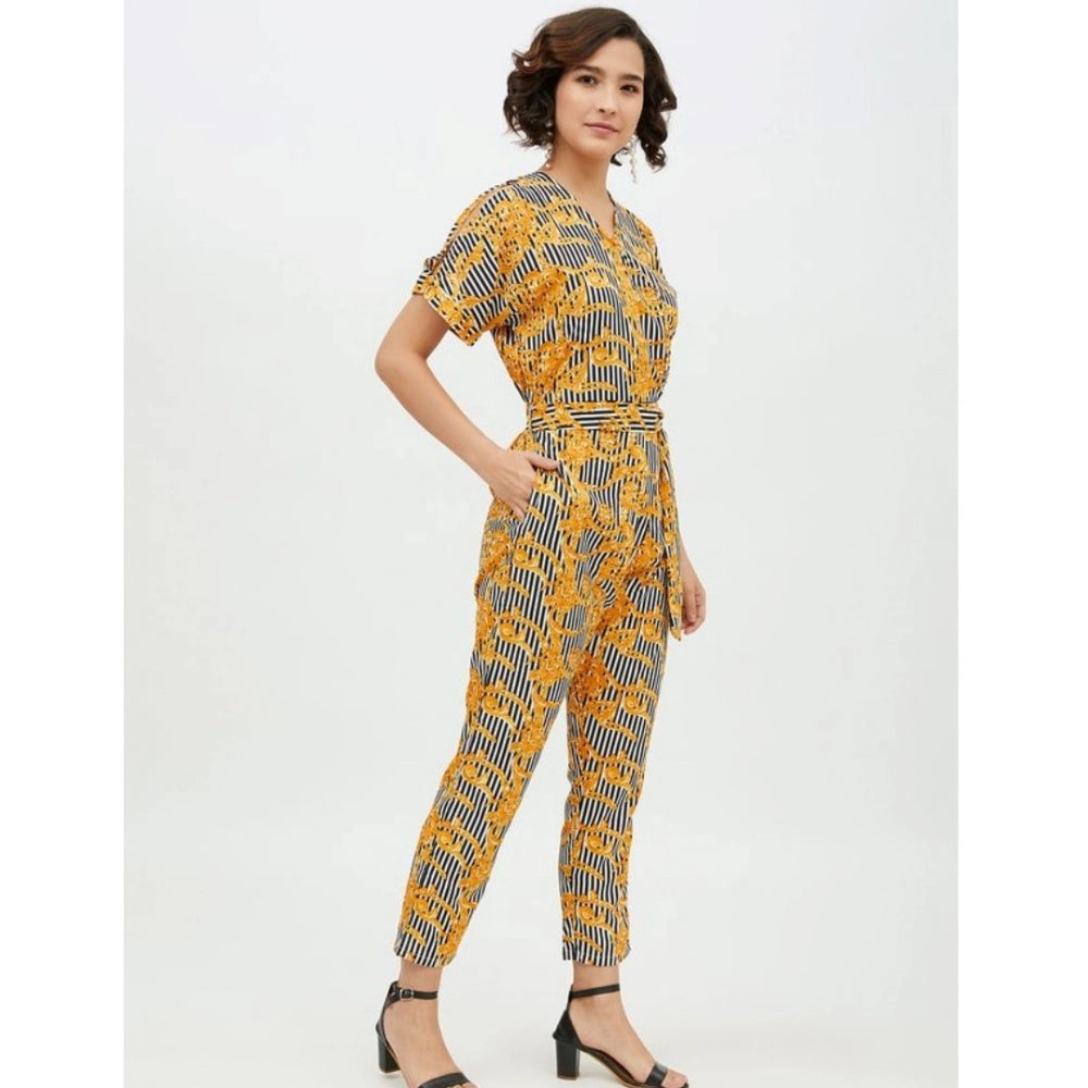 Indoraa Women's Polyester Printed Half Sleeve Long Jumpsuit (Yellow)
