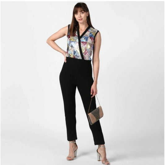 Indoraa Women's Polyester Embellished Sleeveless Jumpsuit (Black)