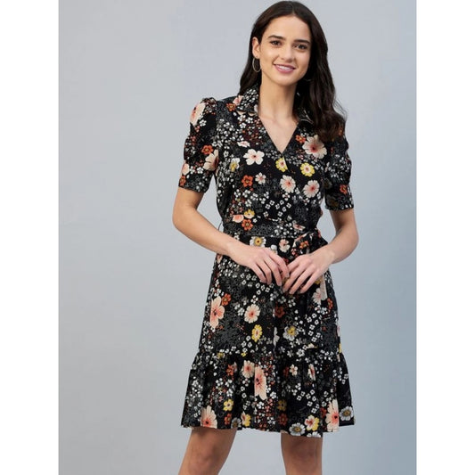 Indoraa Women's Polyester Floral Short Sleeve Above Knee Dress (Black)