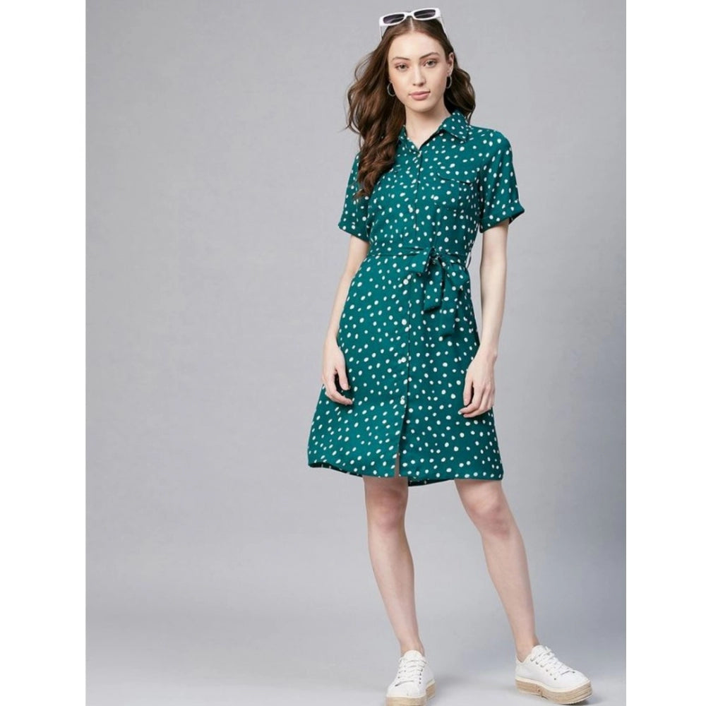 Indoraa Women's Polyester Polka Short Sleeve Above Knee Dress (Blue - White)