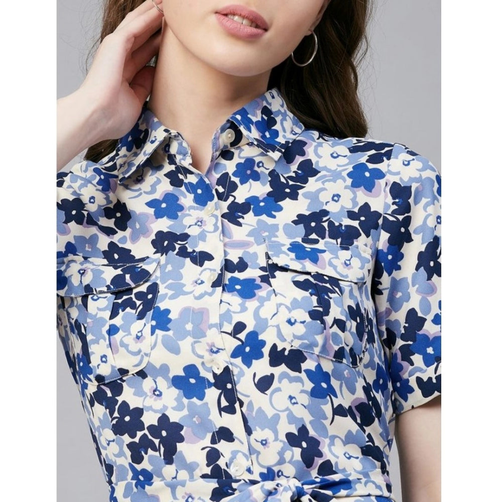 Indoraa Women's Polyester Floral Short Sleeve Above Knee Dress (Blue - White)