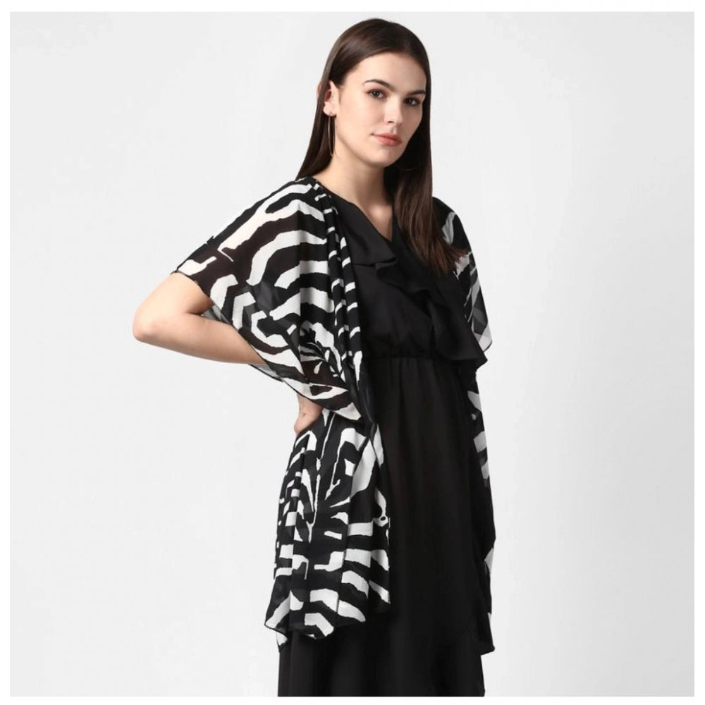 Indoraa Women's Polyester Printed Short Sleeve Shrug (Black)