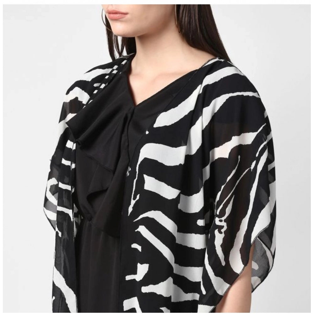 Indoraa Women's Polyester Printed Short Sleeve Shrug (Black)