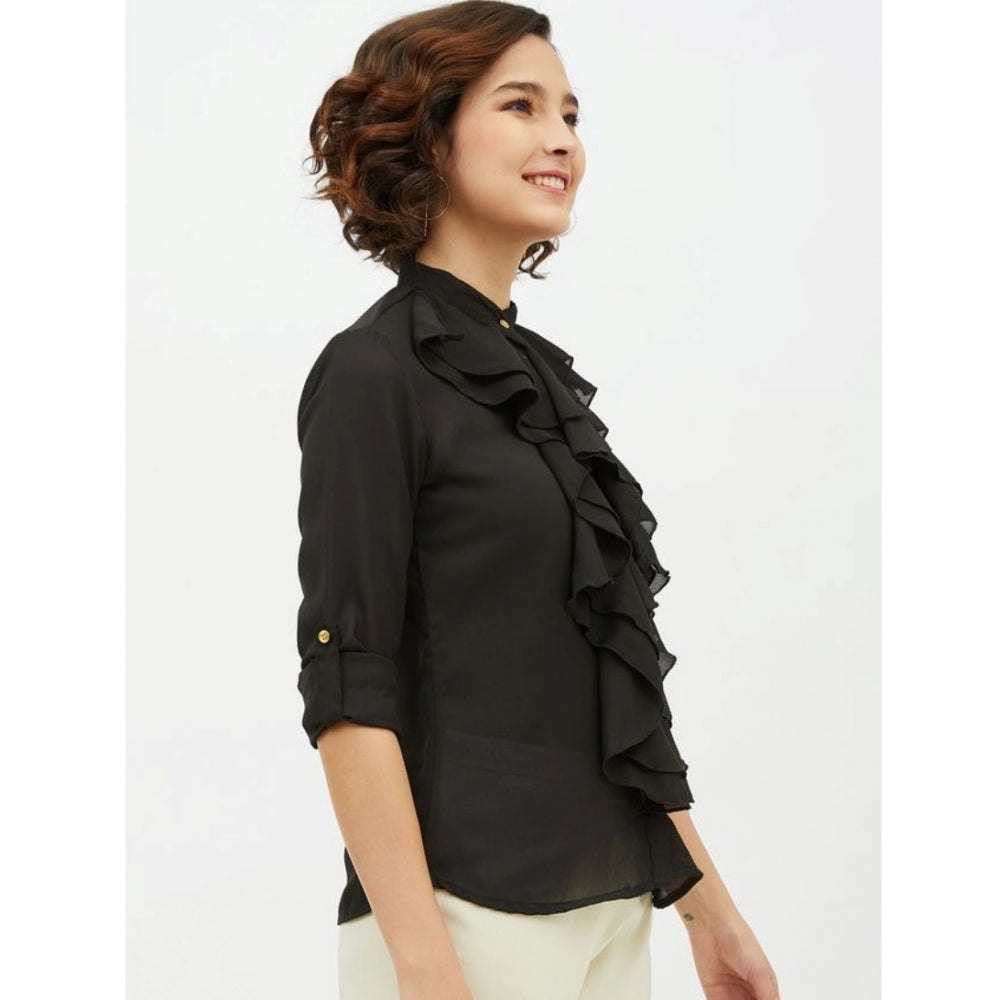 Indoraa Women's Polyester Ruffled Long Sleeves Standard Length Shirt (Black)