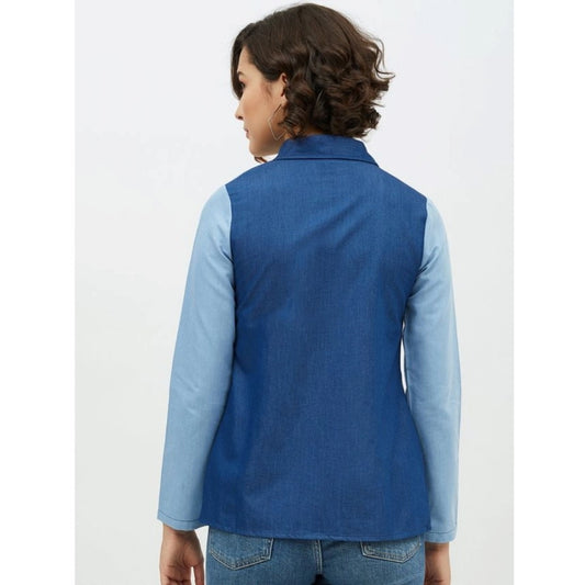 Indoraa Women's Denim Patch Work Long Sleeves Standard Length Shirt (Blue)