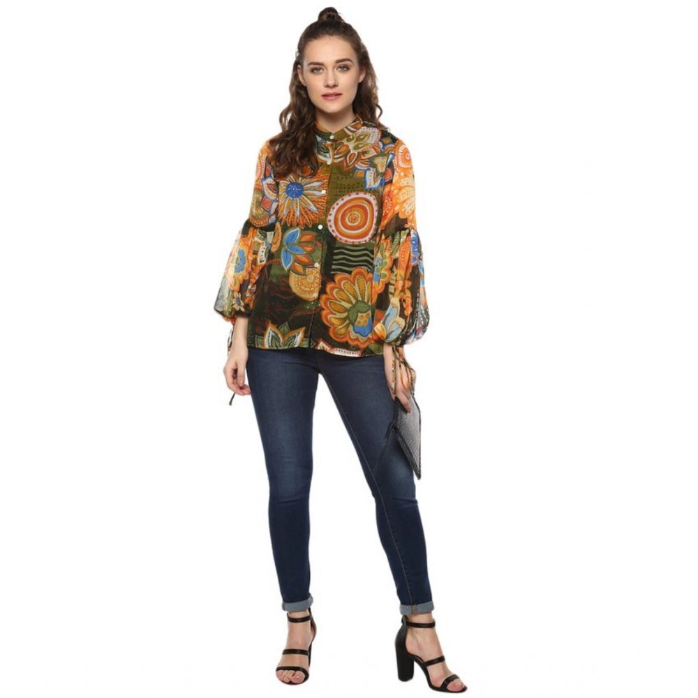 Indoraa Women's Polyester Floral Balloon Sleeve Top (Mustard - Olive)