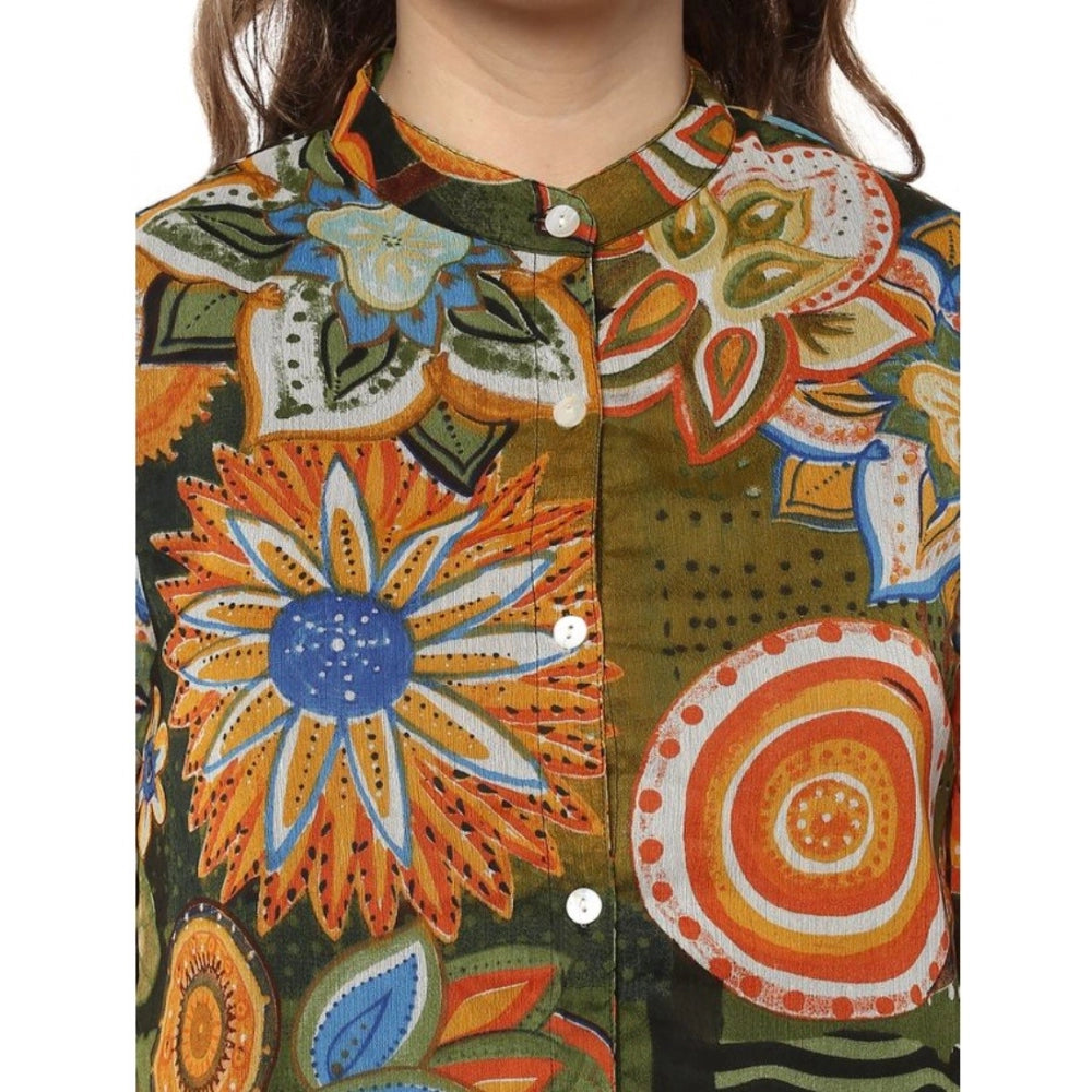 Indoraa Women's Polyester Floral Balloon Sleeve Top (Mustard - Olive)