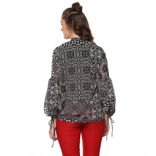 Indoraa Women's Polyester Printed Balloon Sleeve Top (Black - White)