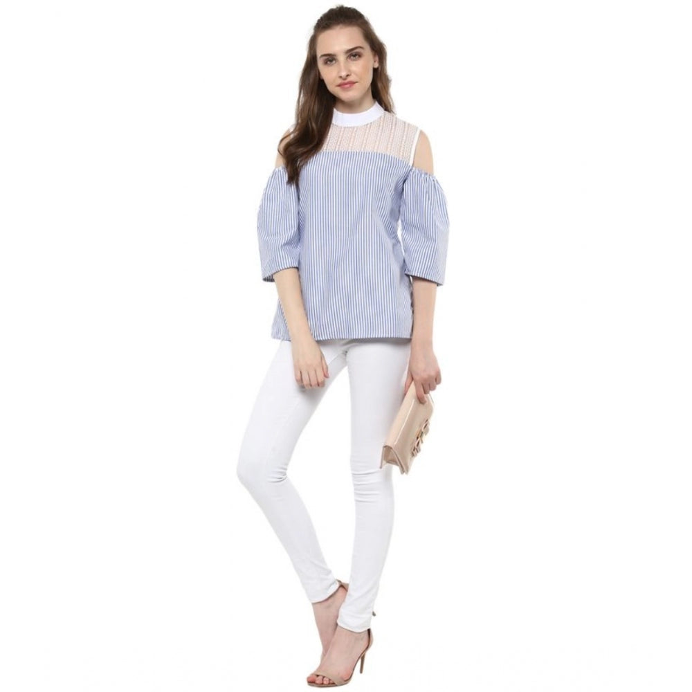 Indoraa Women's Cotton Striped Cold Shoulder Top (Blue)