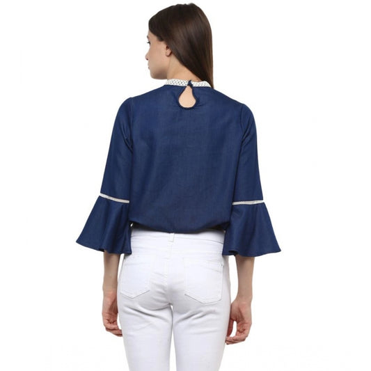 Indoraa Women's Polyester Solid Bell Sleeve Regular Top (Blue)