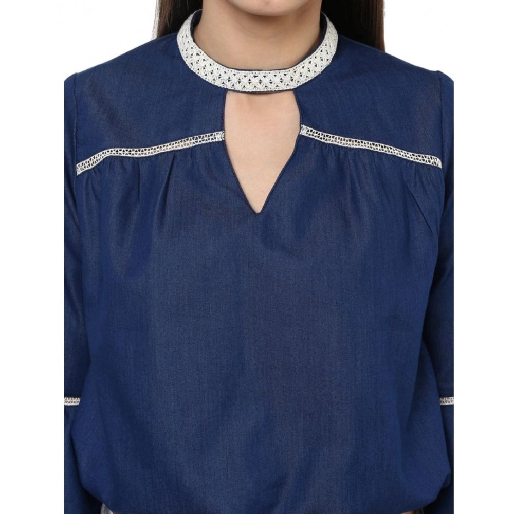 Indoraa Women's Polyester Solid Bell Sleeve Regular Top (Blue)