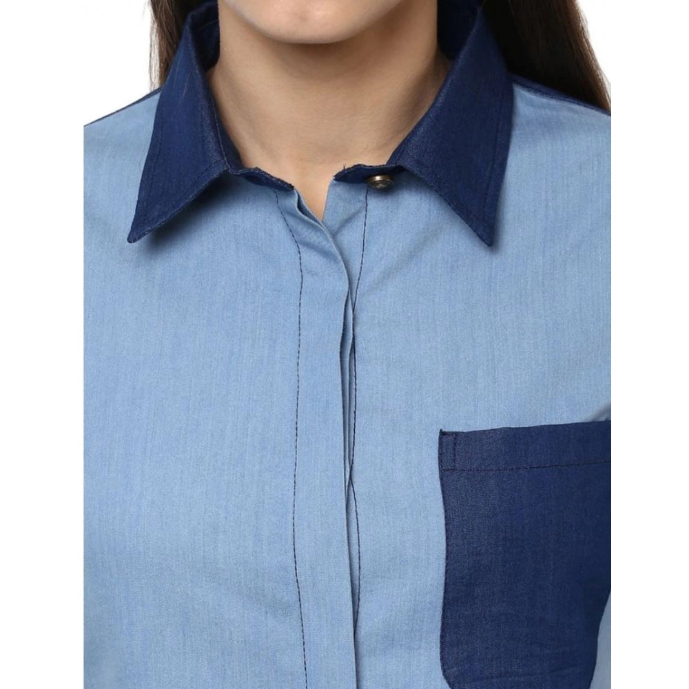 Indoraa Women's Denim Patch Work Long Sleeves Regular Top (Blue)