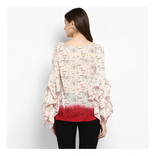 Indoraa Women's Rayon Crepe Printed Ruffle Sleeve Top (Off White - Red)