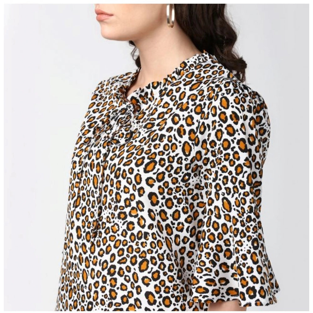 Indoraa Women's Polyester Animal Print Bell Sleeve Top (Orange - Black)